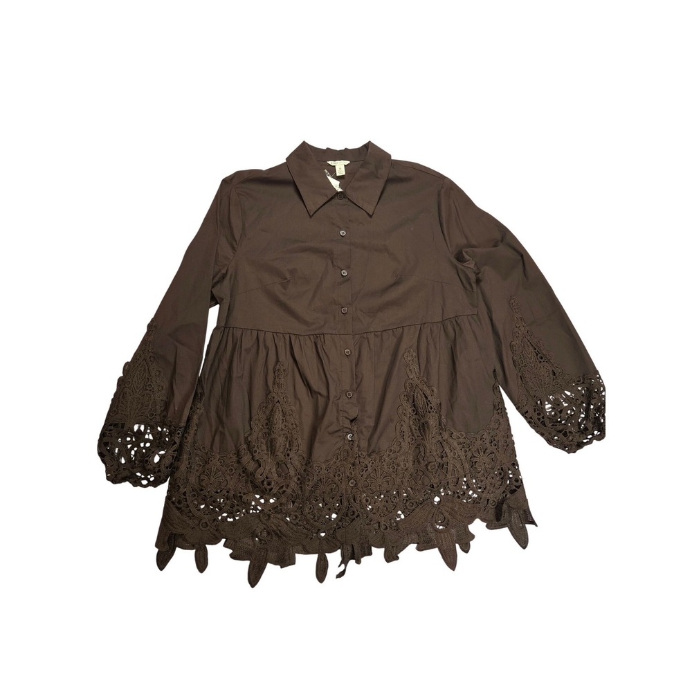 Cato Button Up Brown Long Sleeve Oversized Baby Doll Lace Top M‎ Country Western